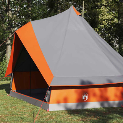 Zijaanzicht van de vidaXL Tipi Tent in grijs en oranje met een scherpe punt.