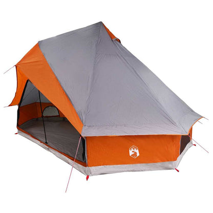 Zijaanzicht van de vidaXL Tipi Tent in grijs en oranje, met open ingang en ventilatieopeningen.