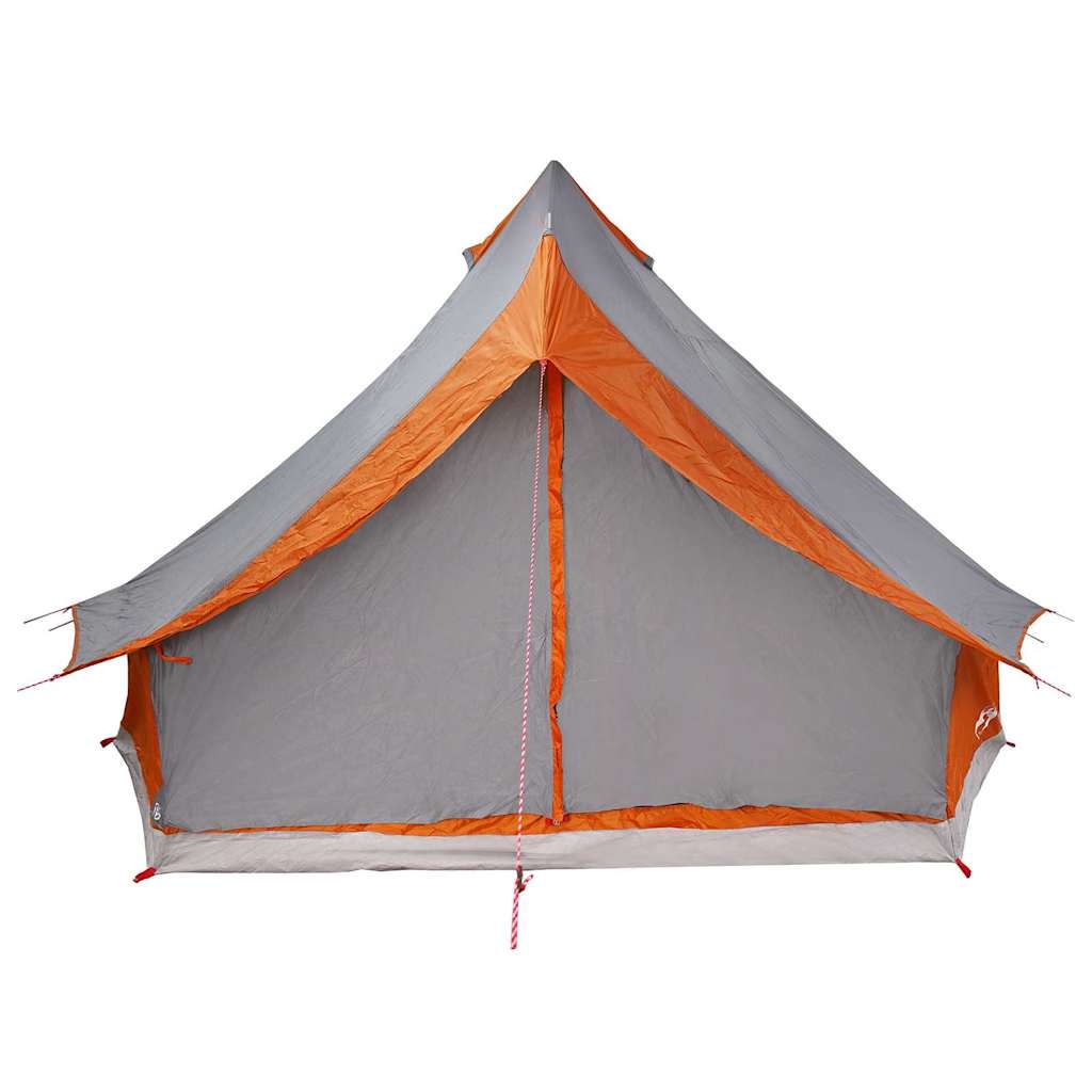 Zijaanzicht van de vidaXL Tipi Tent in grijs en oranje met open ingang.