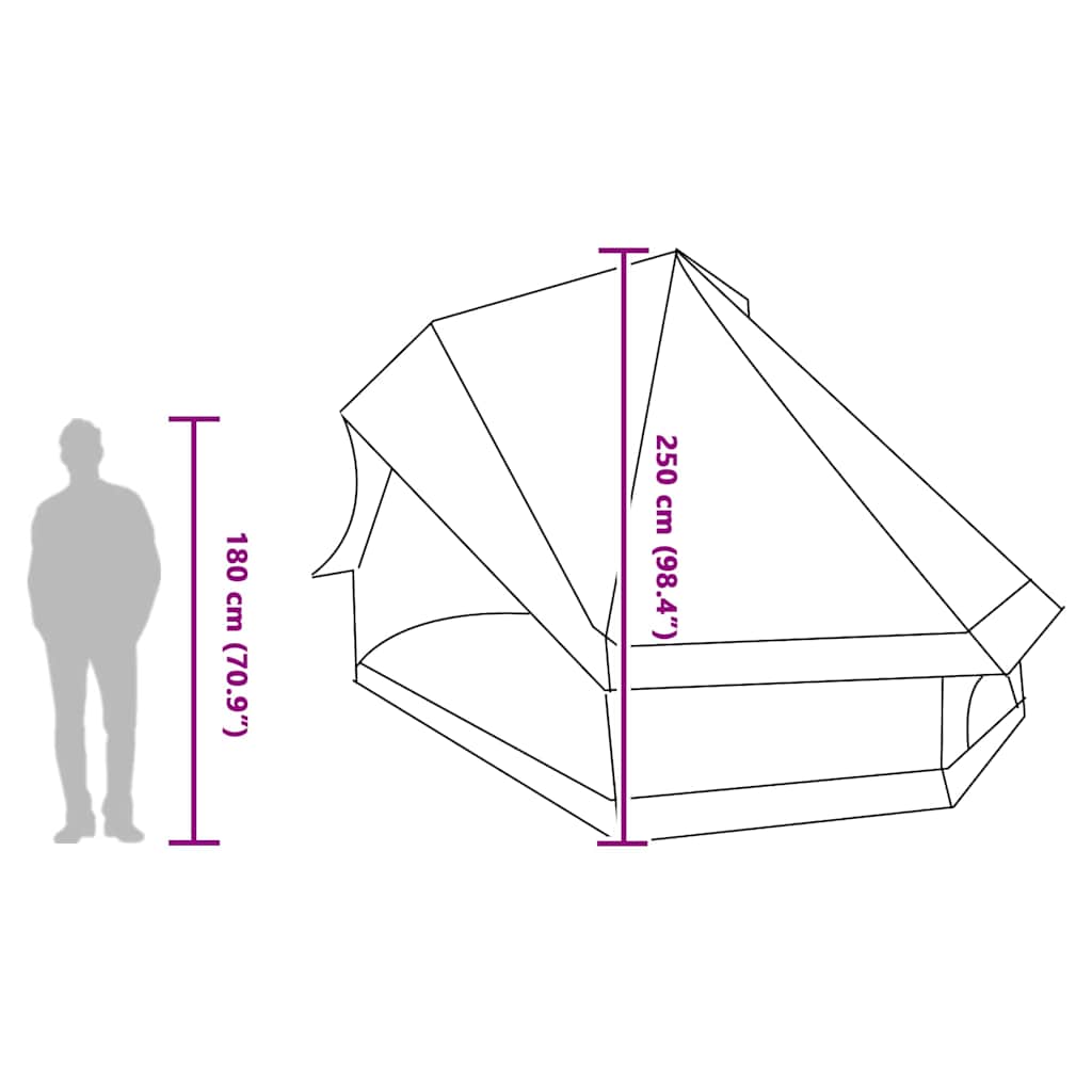Detail van de vidaXL Tipi Tent met afmetingen en zijaanzicht van de ingang.