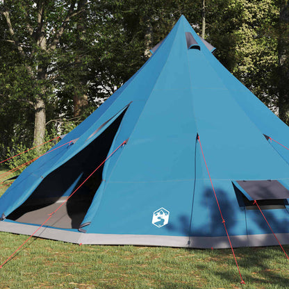 Zijaanzicht van de blauwe vidaXL Tipi Tent met open ingang en bevestigingslijnen.