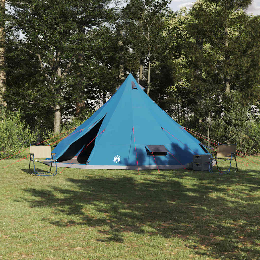 Blauwe vidaXL Tipi Tent met een hoogte van 300 cm, geplaatst op gras met stoelen ernaast.