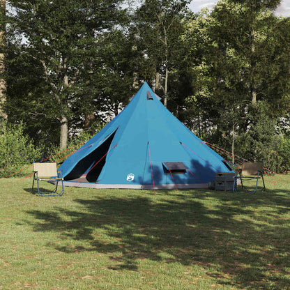Blauwe vidaXL Tipi Tent met een hoogte van 300 cm, geplaatst op gras met stoelen ernaast.