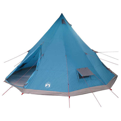 Zijaanzicht van de blauwe vidaXL Tipi Tent met open ingang en bevestigingslijnen.