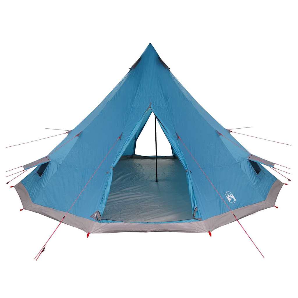Zijaanzicht van de vidaXL Tipi Tent in blauw, met open ingang en tentstokken zichtbaar.