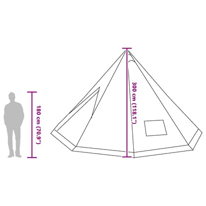 Detail van de vidaXL Tipi Tent met afmetingen en zijaanzicht van de tent.