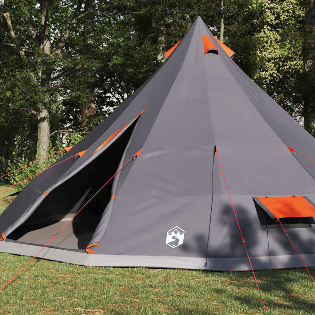 Detail van de grijs-oranje vidaXL Tipi Tent met open ingang en stevige haringen.