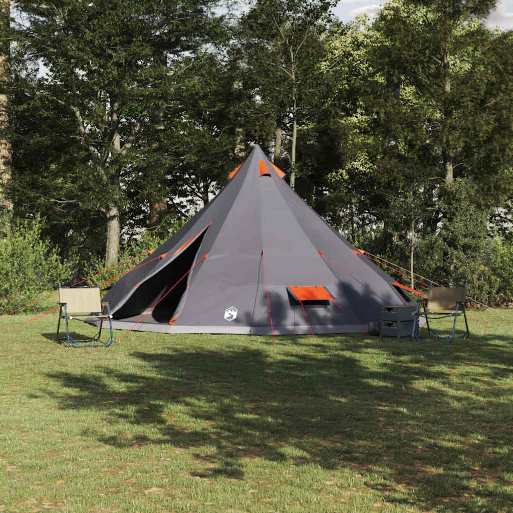 Grijze en oranje vidaXL Tipi Tent met openingen en stevige stalen palen in een groene omgeving.