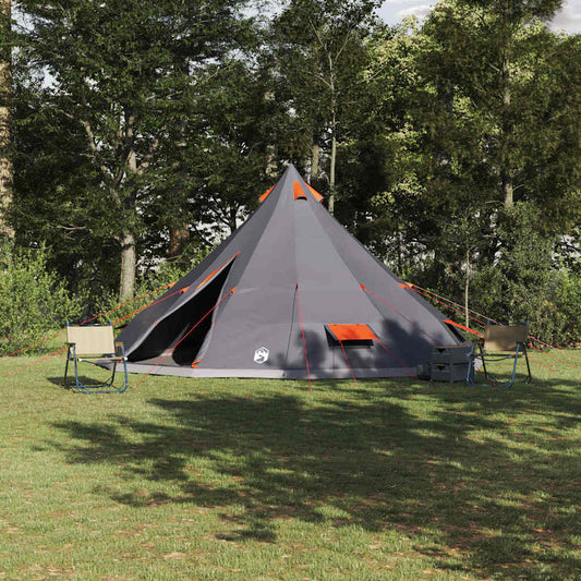 Grijze en oranje vidaXL Tipi Tent met openingen en stevige stalen palen in een groene omgeving.