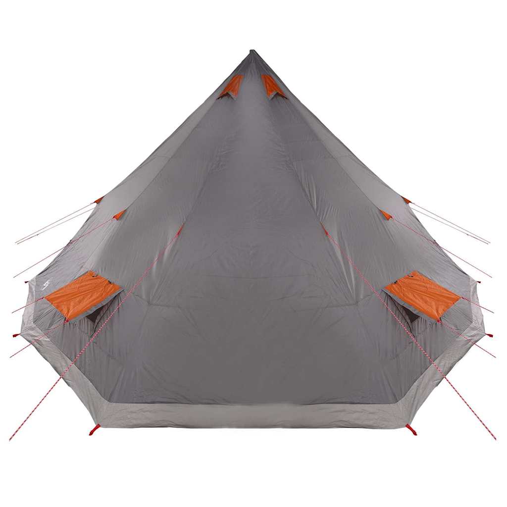 Detail van de grijs-oranje vidaXL Tipi Tent met ventilatieroosters en stevige stalen paal.