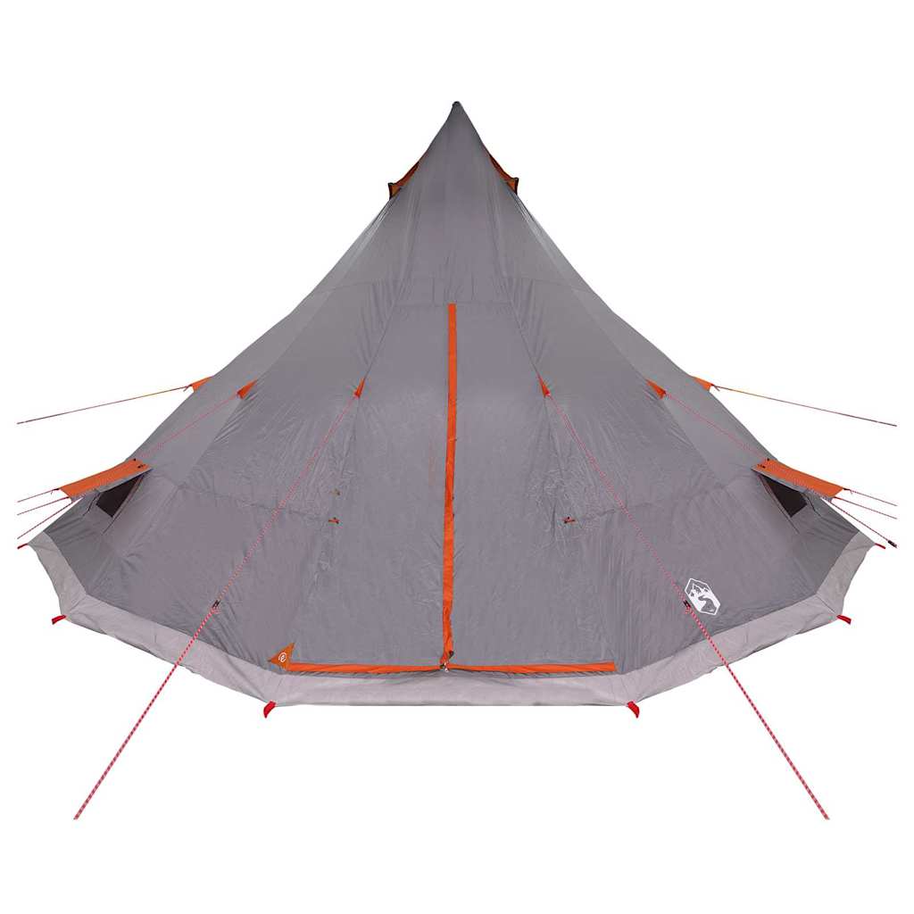 Detail van de grijs-oranje vidaXL Tipi Tent met stevige stalen paal en ventilatieopeningen.