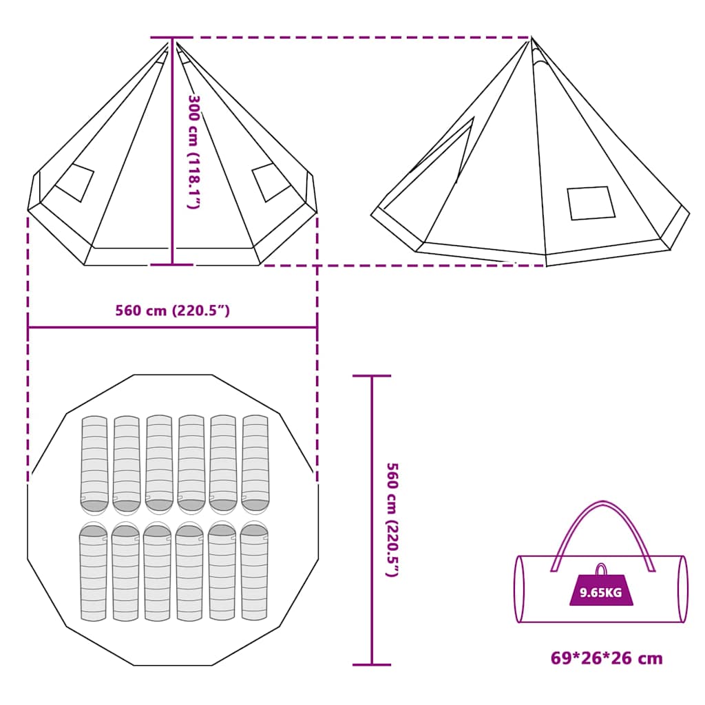 Detailweergave van de afmetingen en indeling van de vidaXL Tipi Tent in grijs en oranje.