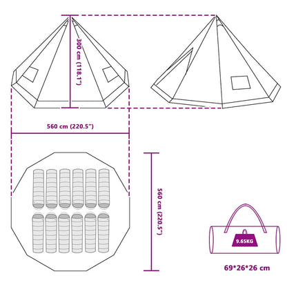 Detailweergave van de afmetingen en indeling van de vidaXL Tipi Tent in grijs en oranje.