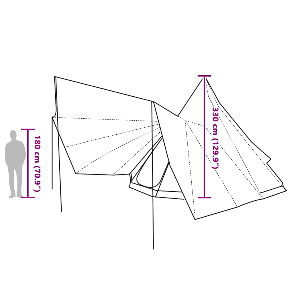 Detailweergave van de vidaXL Tipi Tent met afmetingen en opzetinstructies.