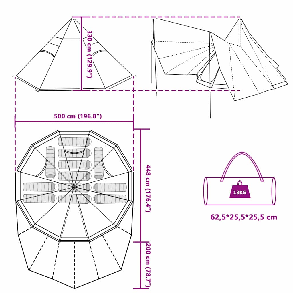 Detailtekening van de vidaXL Tipi Tent met afmetingen en opbergzak.
