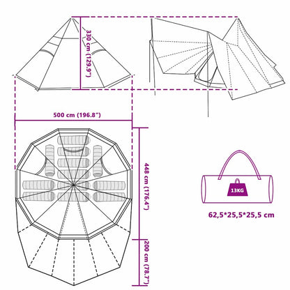 Detailtekening van de vidaXL Tipi Tent met afmetingen en opbergzak.