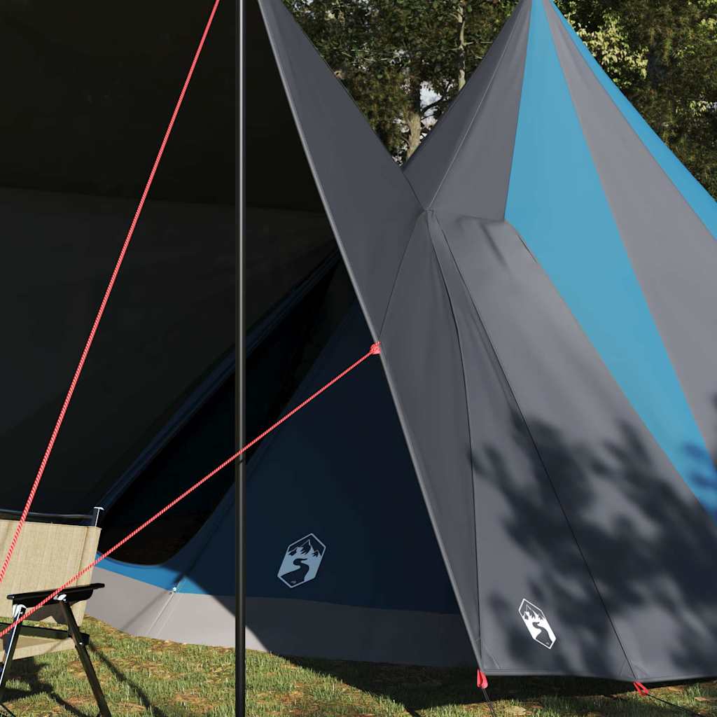 Detail van de vidaXL Tipi Tent met blauw en grijs dak, zijaanzicht met pees en stokken.