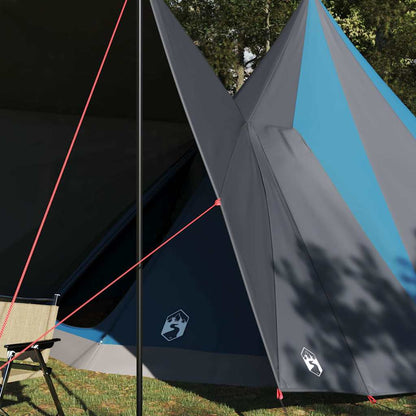 Detail van de vidaXL Tipi Tent met blauw en grijs dak, zijaanzicht met pees en stokken.