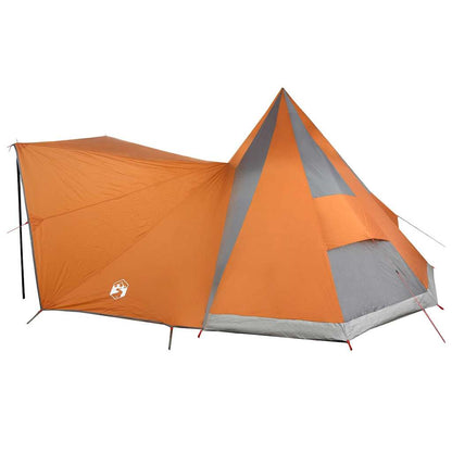 Detail van de vidaXL Tipi Tent in grijs en oranje, zijaanzicht met de ingang zichtbaar.