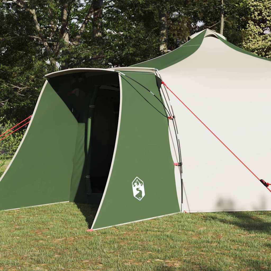 Zijaanzicht van de vidaXL groene Tipi Tent met open deur en rode lijnen.