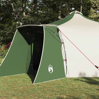 Zijaanzicht van de vidaXL groene Tipi Tent met open deur en rode lijnen.
