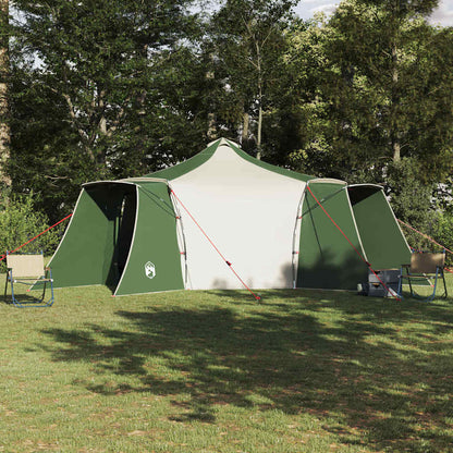 Groene vidaXL Tipi Tent met ruime opzet en vier deuren in een natuurlijke omgeving.