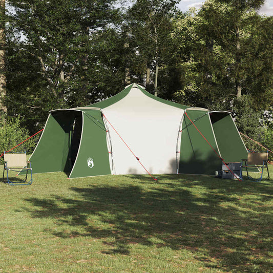 Groene vidaXL Tipi Tent met ruime opzet en vier deuren in een natuurlijke omgeving.