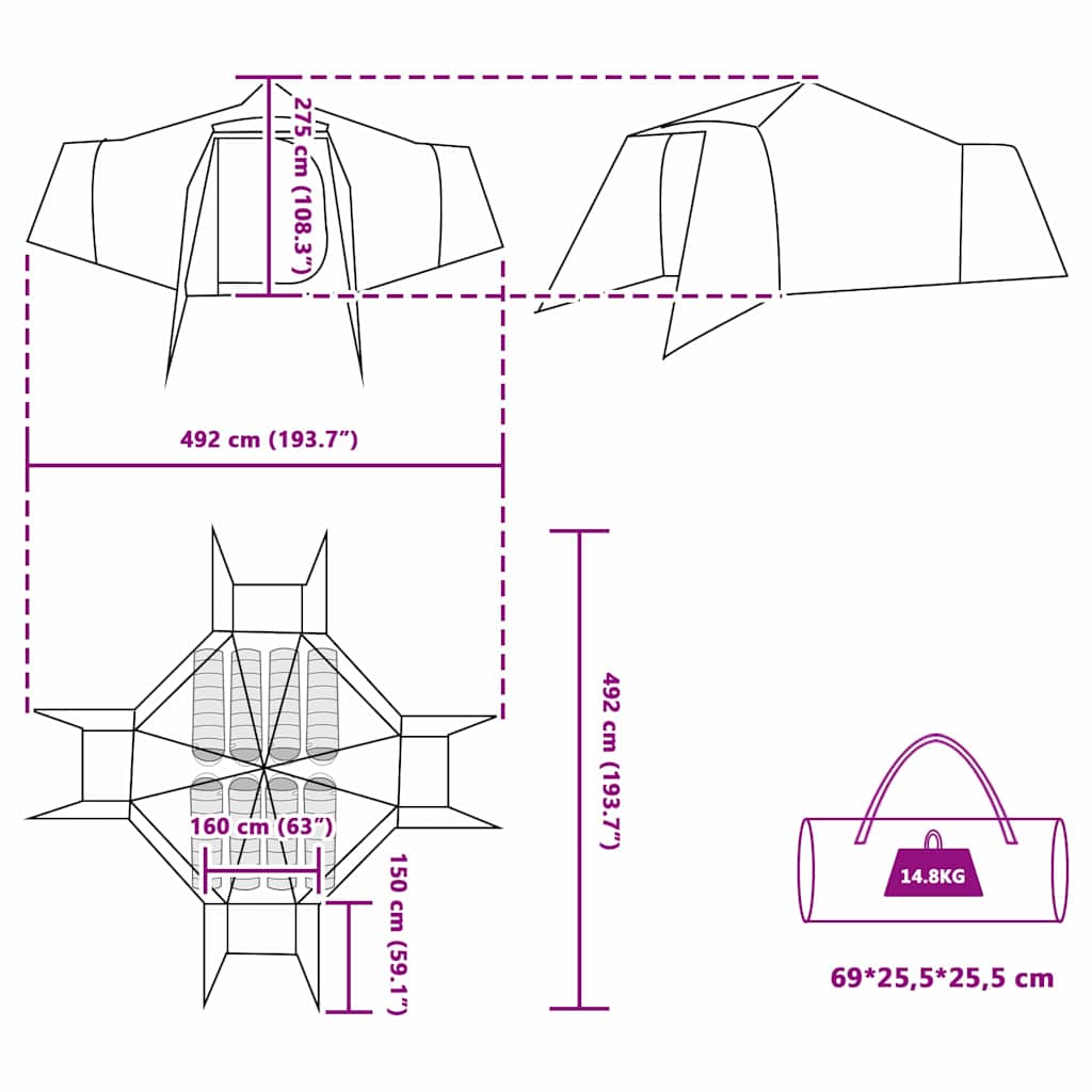 Detailtekening van de vidaXL Tipi Tent met afmetingen en opbergtas.