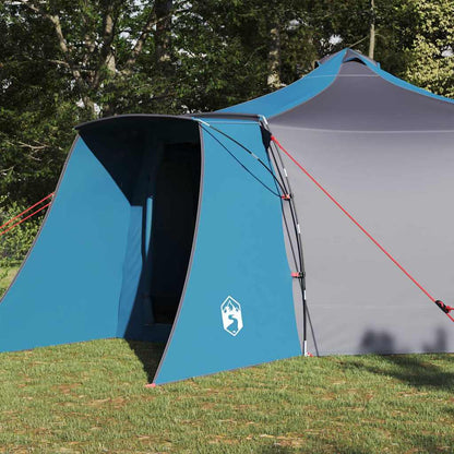 Zijaanzicht van de vidaXL Tipi Tent in blauw met een open deur en stevige bevestigingen.