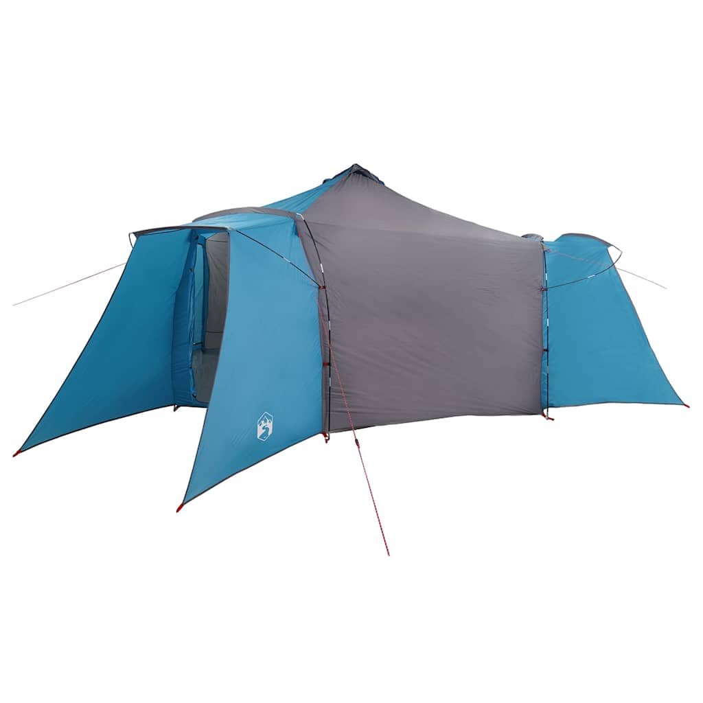 Zijaanzicht van de vidaXL Tipi Tent met blauwe en grijze kleuren, met open deuren.