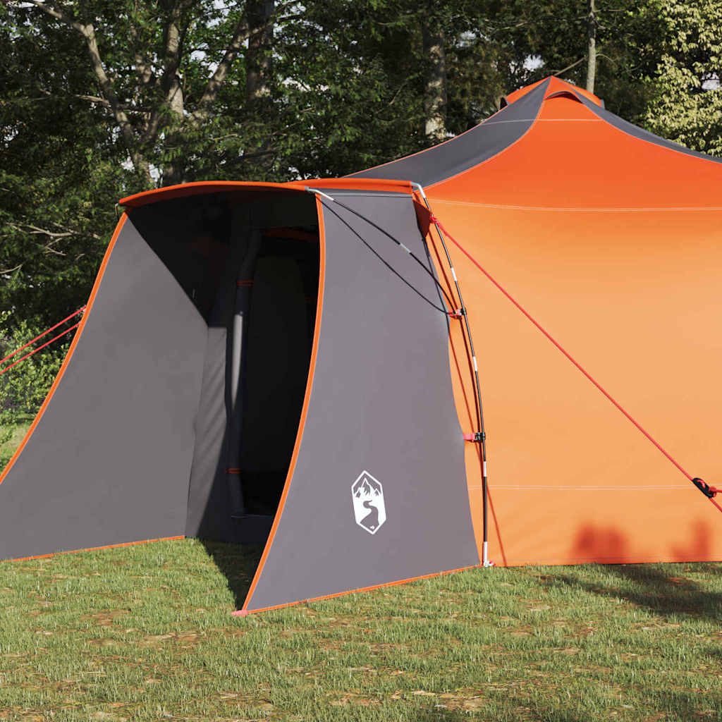 Detail van de grijze en oranje ingang van de vidaXL Tipi Tent met open flap.