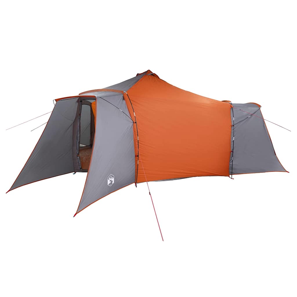 Zijaanzicht van de vidaXL Tipi Tent met grijze en oranje kleuren, inclusief open deuren.