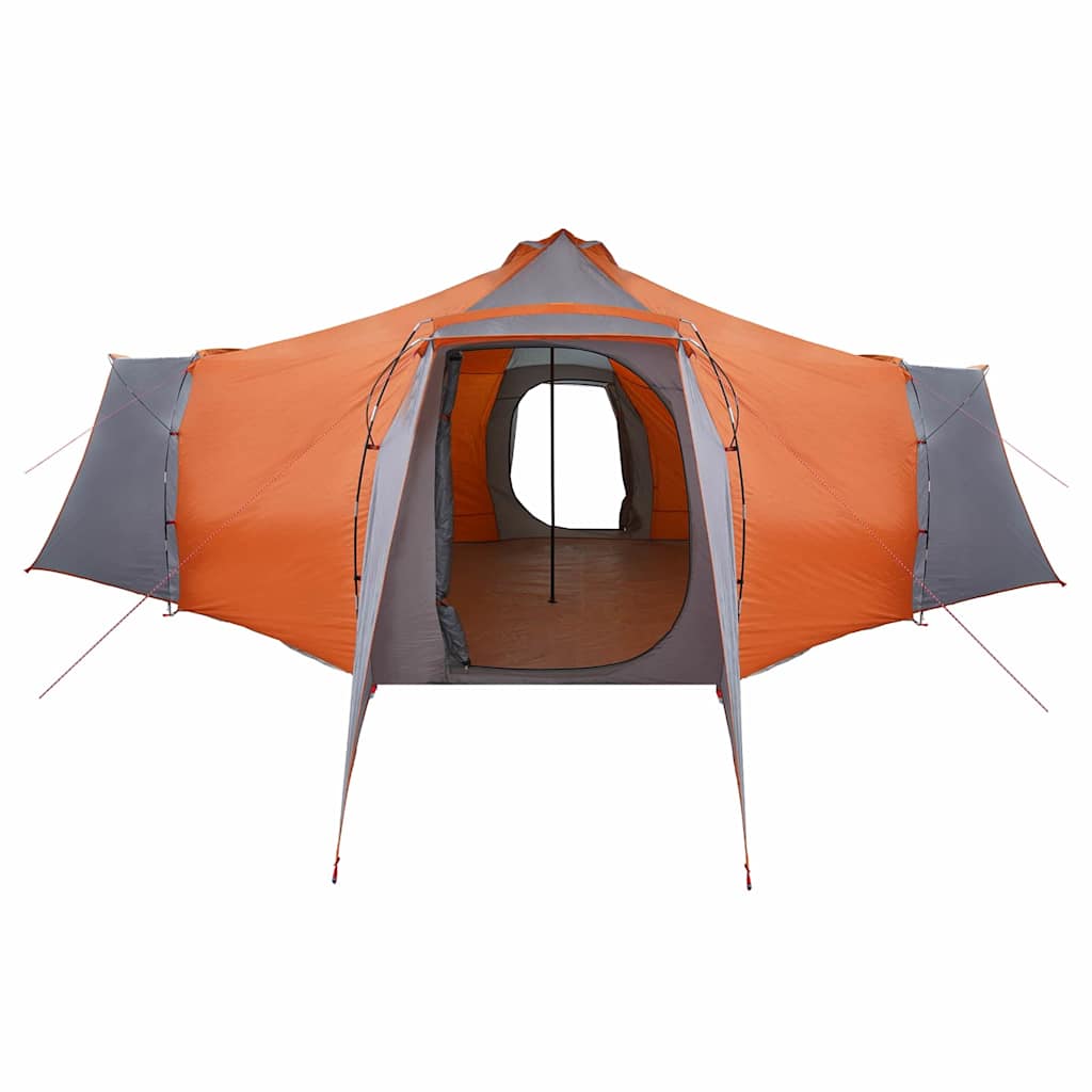 Zijaanzicht van de vidaXL Tipi Tent in grijs en oranje met open deur.