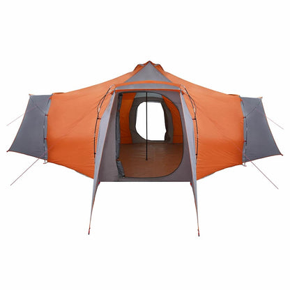 Zijaanzicht van de vidaXL Tipi Tent in grijs en oranje met open deur.