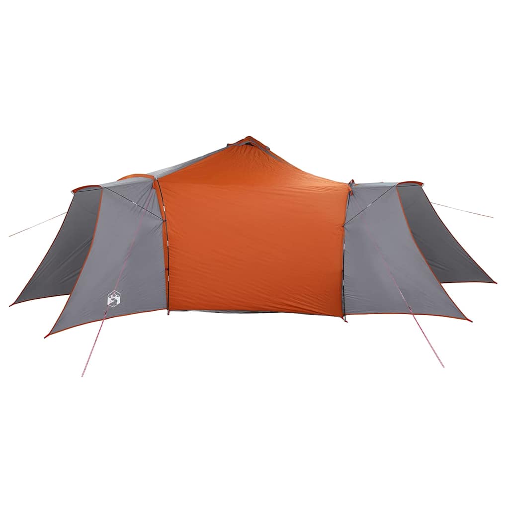 Zijaanzicht van de vidaXL Tipi Tent in grijs en oranje met vier openingen.