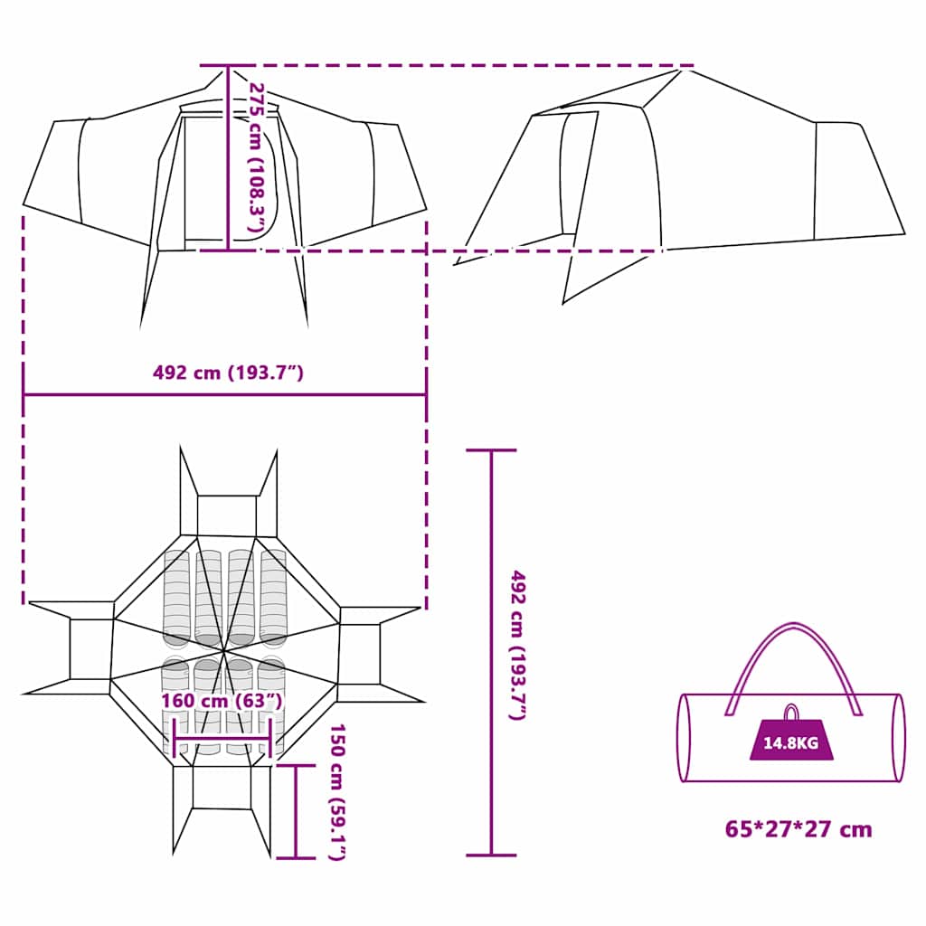 Detailtekening van de vidaXL Tipi Tent met afmetingen en ontwerpdetails.