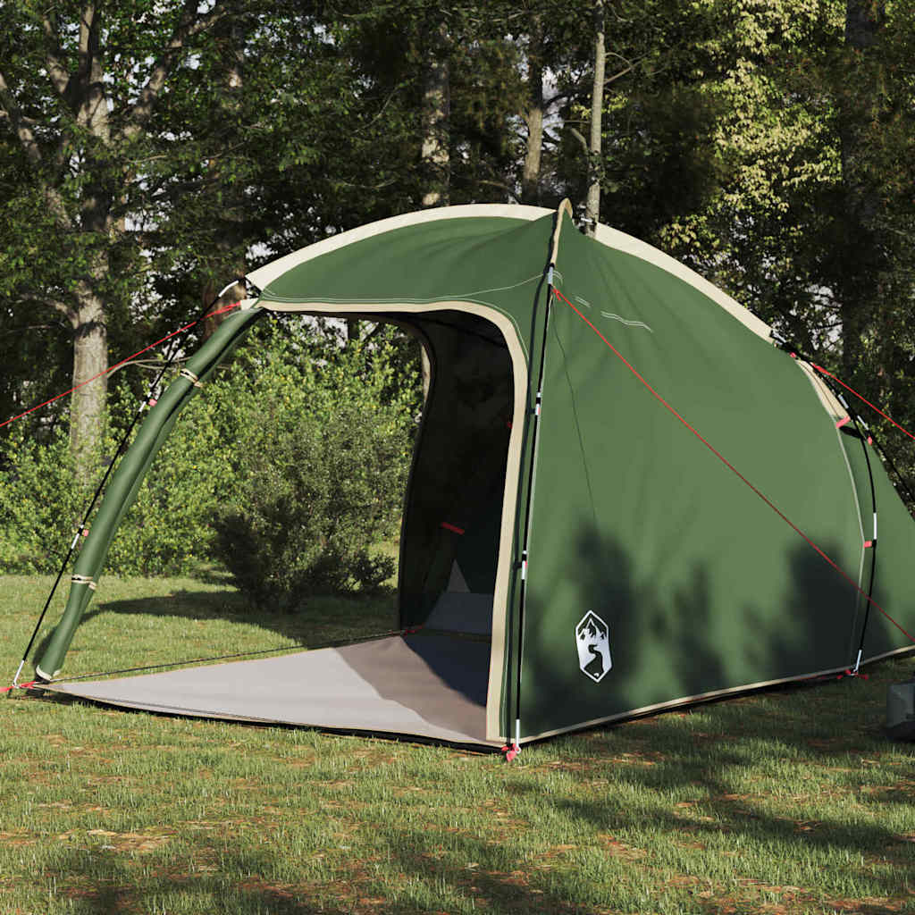 Zijaanzicht van de vidaXL huisje tent in groen met open ingang en opbergmogelijkheden.