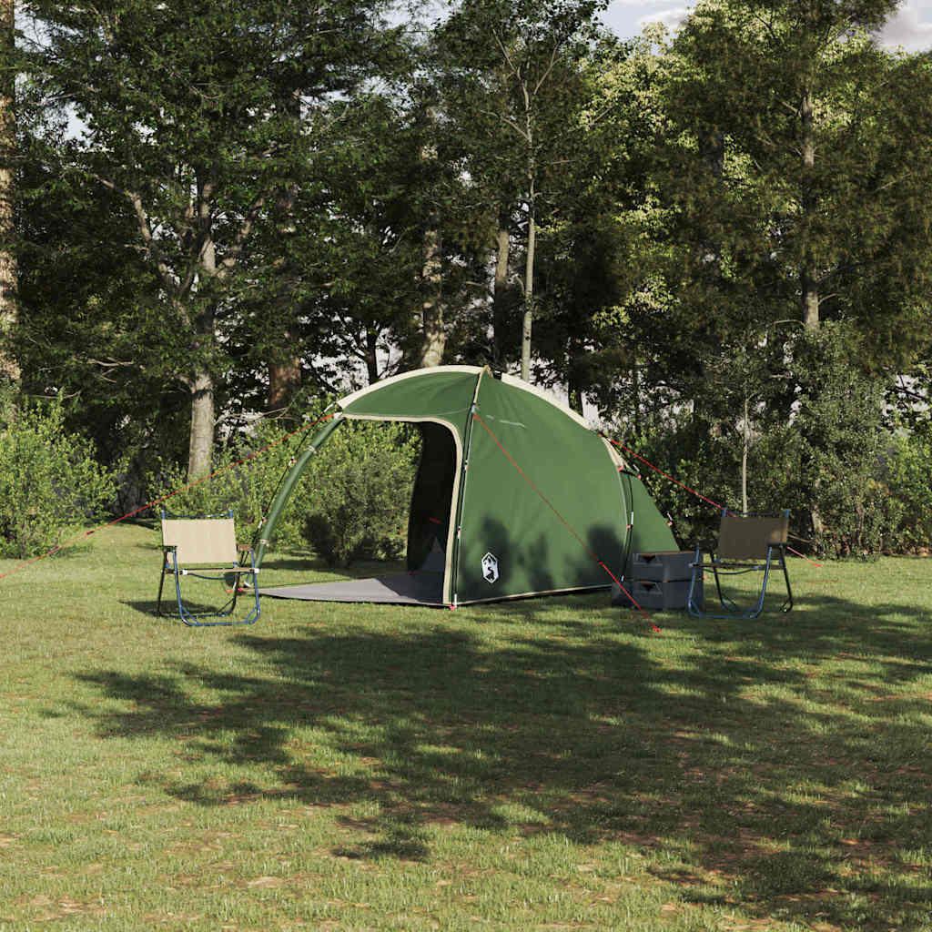 Groene vidaXL huisje tent met dak, opgesteld op gras met twee stoelen erbij.
