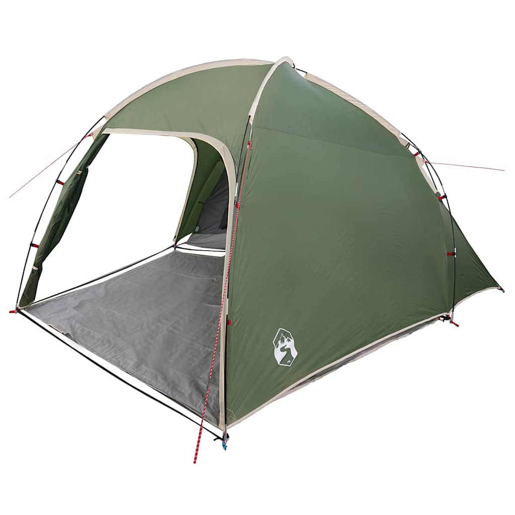 Zijaanzicht van de groene vidaXL huisje tent met dak en open ingang.
