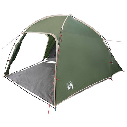 Zijaanzicht van de groene vidaXL huisje tent met dak en open ingang.