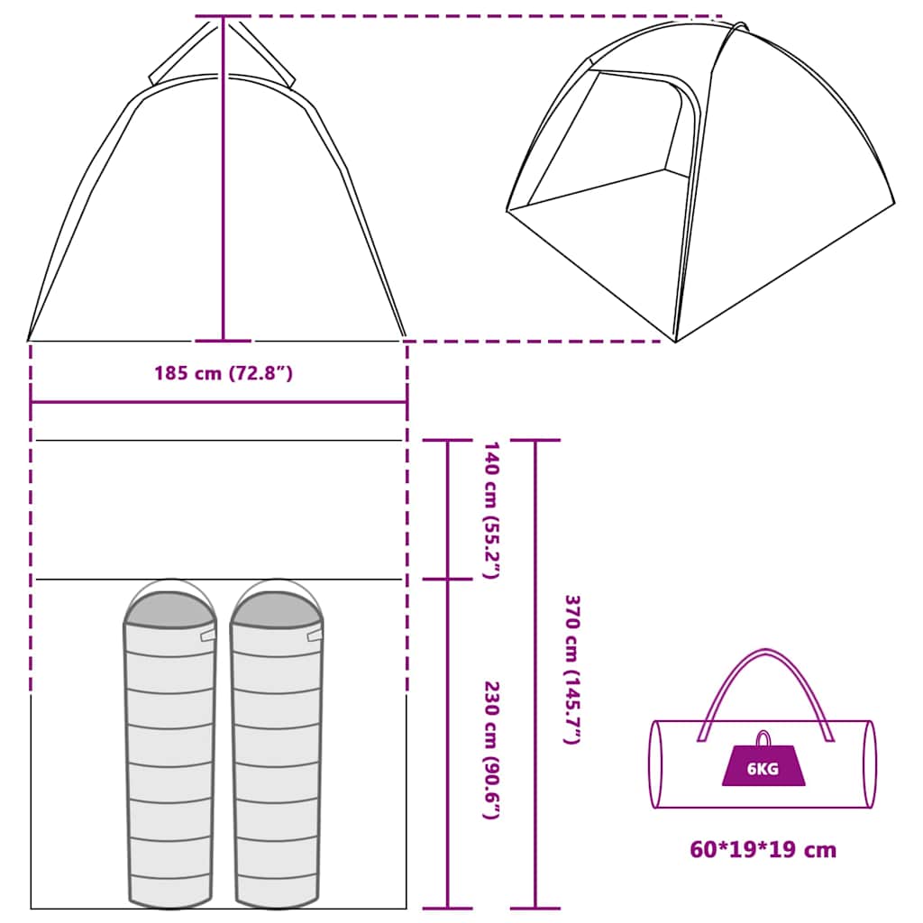 Details van de vidaXL huisje tent met afmetingen en opbergmogelijkheden in groen.