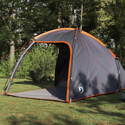 Zijaanzicht van de vidaXL huisje tent in grijs en oranje, met open ingang.
