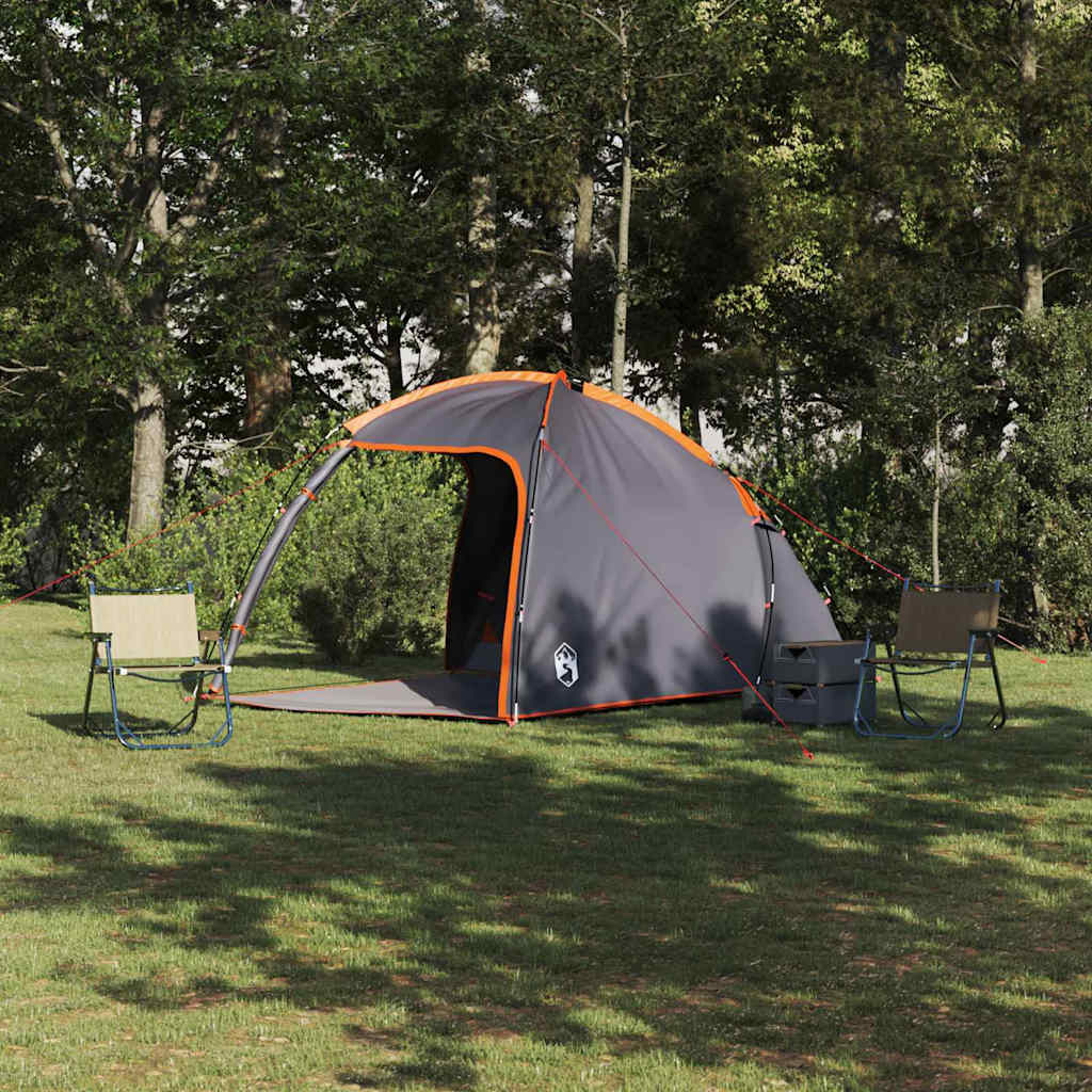 Grijze en oranje vidaXL huisje tent in een groene omgeving, geschikt voor twee personen.