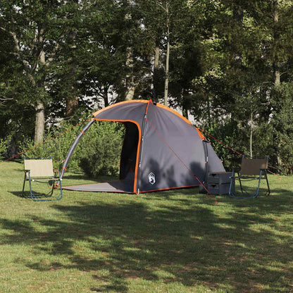 Grijze en oranje vidaXL huisje tent in een groene omgeving, geschikt voor twee personen.