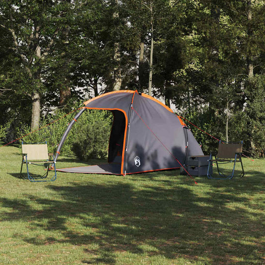 Grijze en oranje vidaXL huisje tent in een groene omgeving, geschikt voor twee personen.