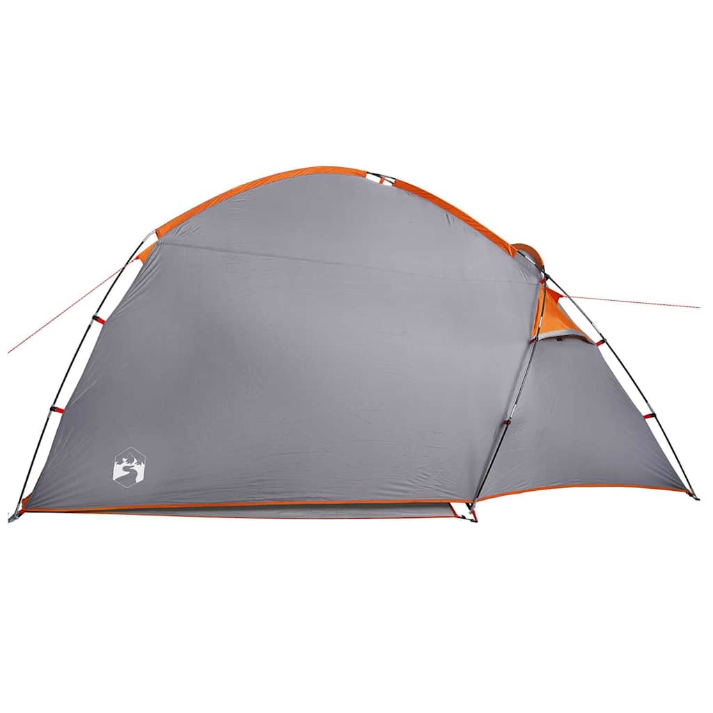 Detail van de grijze en oranje vidaXL huisje tent met open zijpaneel.