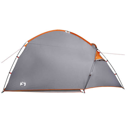 Detail van de grijze en oranje vidaXL huisje tent met open zijpaneel.