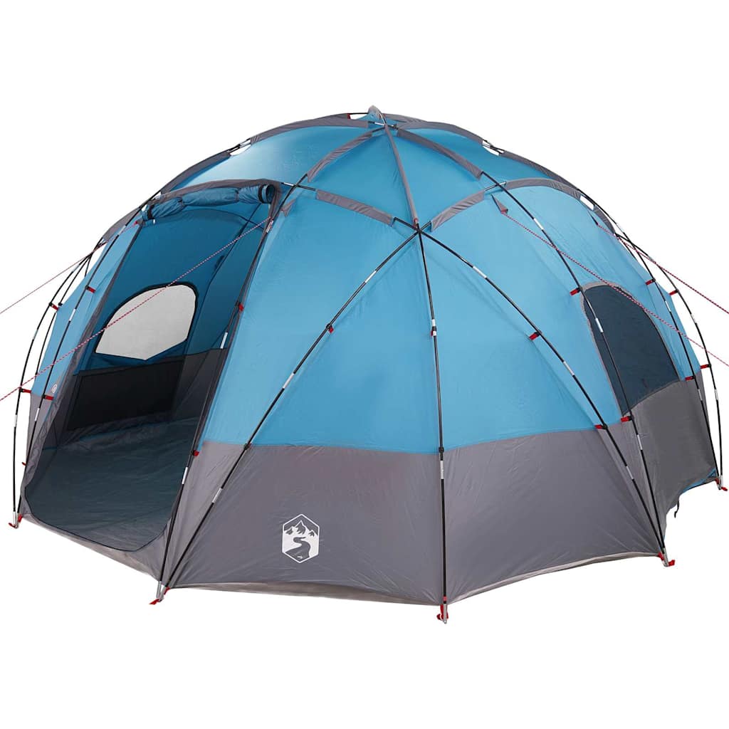 Detail van de vidaXL koepeltent in blauw met grote ingangen en ventilatieroosters.