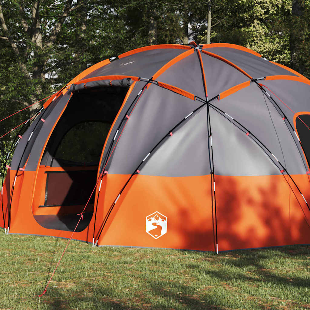 Detail van de vidaXL koepeltent in grijs en oranje, zijaanzicht met open ingang.