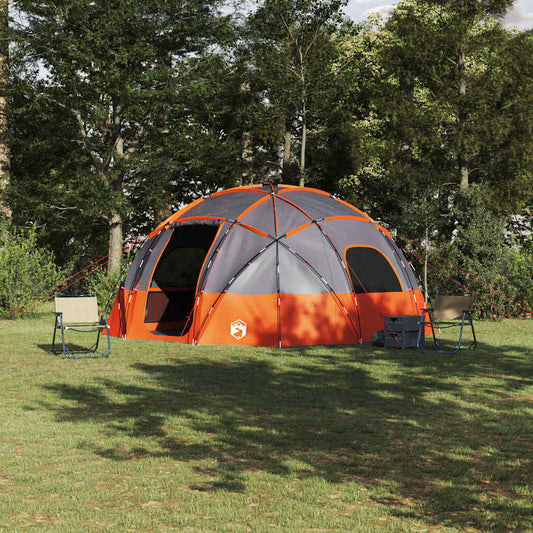 Koepeltent vidaXL in grijs en oranje, ruime opstelling in een groene omgeving.